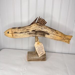 OOAK Hand Carved Driftwood Fish Signed Phillips Georgia Barrier Island Art 16”